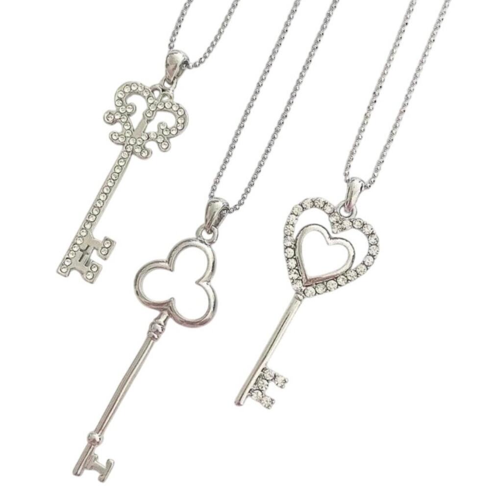 NWT Y2K Vintage 3 Silver Plated Key Necklaces with Crystals Length 16" & 18"